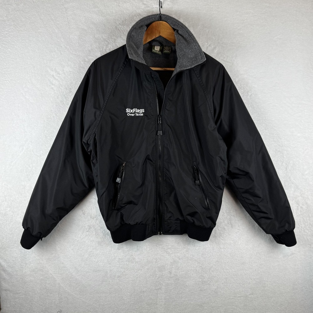 Hartwell Jacket Mens Small Black Fleece‎ Lined Nylon Bomber Six Flags Over Texas